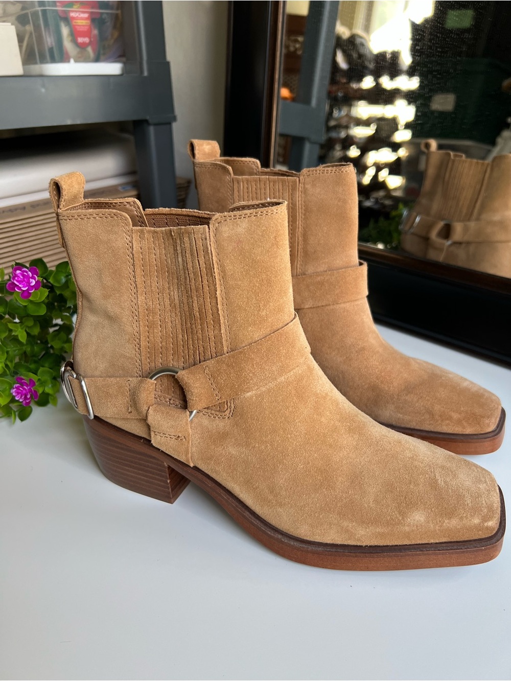 New Sam Edelman Bellamie Suede Leather Camel Brown Harness Style Booties